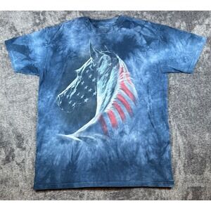 The Mountain Mens XL American Flag Horse Tie Dye Graphic T-Shirt Blue Cotton Tee